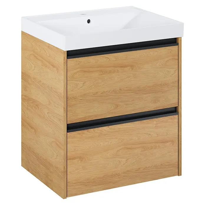 Riva Urban 2.0 Waschtischunterschrank - B x T x H: 60 x 45,1 x 63,5 cm, Natural Hickory - Elegantes Waschbeckenmöbel mit zwei Schubladen in Holzoptik und einem weißen Waschbecken, ideal für moderne Badezimmer.