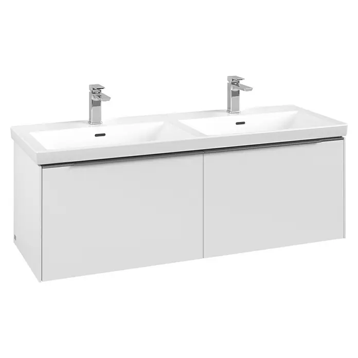 Villeroy & Boch Subway 3.0 Waschbeckenunterschrank - Pure White, Anzahl Schubladen: 2 Stk., Farbe Griff: Aluminium glänzend, B x T x H: 127,2 x 47,8 x 42,9 cm, Geeignet für Doppelwaschtisch - Weißer Doppelwaschtischunterschrank mit zwei integrierten Becken und zwei Chromarmaturen.