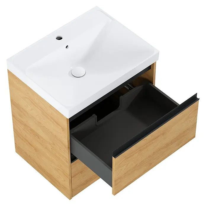 Riva Urban 2.0 Waschtischunterschrank - B x T x H: 60 x 45,1 x 63,5 cm, Natural Hickory - Moderner Waschtischunterschrank mit Schublade in Holzoptik und weißem Waschbecken. Praktisches Design für Badezimmer.