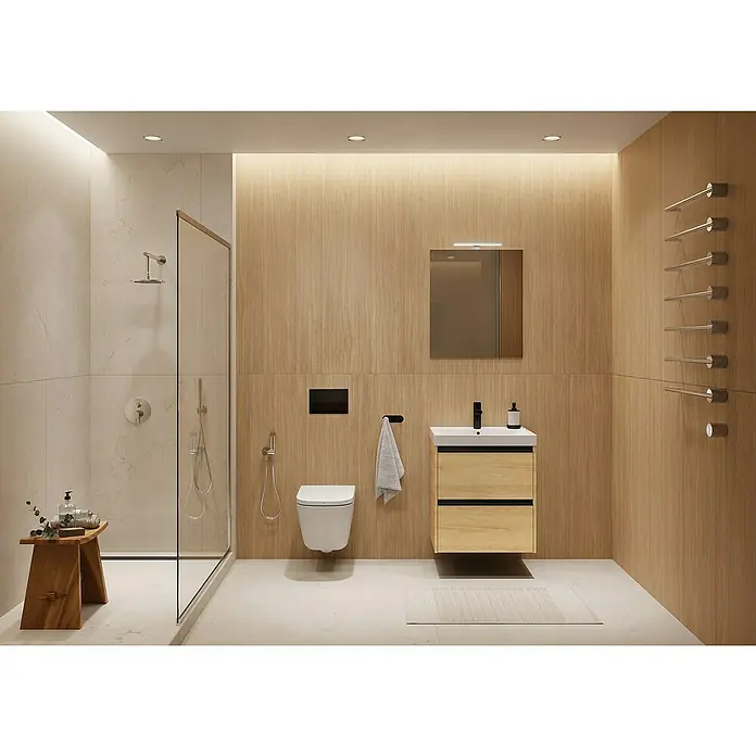 Riva Urban 2.0 Waschtischunterschrank - B x T x H: 60 x 45,1 x 63,5 cm, Natural Hickory - Elegantes Badezimmer mit einer stilvollen Waschtischkombination mit zwei Schubladen in Holzoptik und modernem Design.