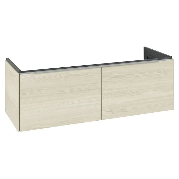 Villeroy & Boch Subway 3.0 Waschbeckenunterschrank - White Oak, Anzahl Schubladen: 2 Stk., Farbe Griff: Aluminium glänzend, B x T x H: 127,2 x 47,8 x 42,9 cm, Ohne Beleuchtung, Geeignet für Doppelwaschtisch - Heller Wandschrank in Holzoptik mit zwei Türen und integrierter grauer Griffleiste.