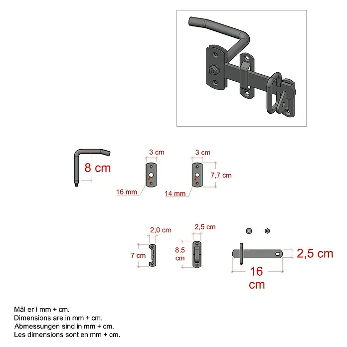 Plus Torriegel - 16 cm, Stahl - Abbildung eines Torschlosses mit Maßangaben für die einzelnen Komponenten.