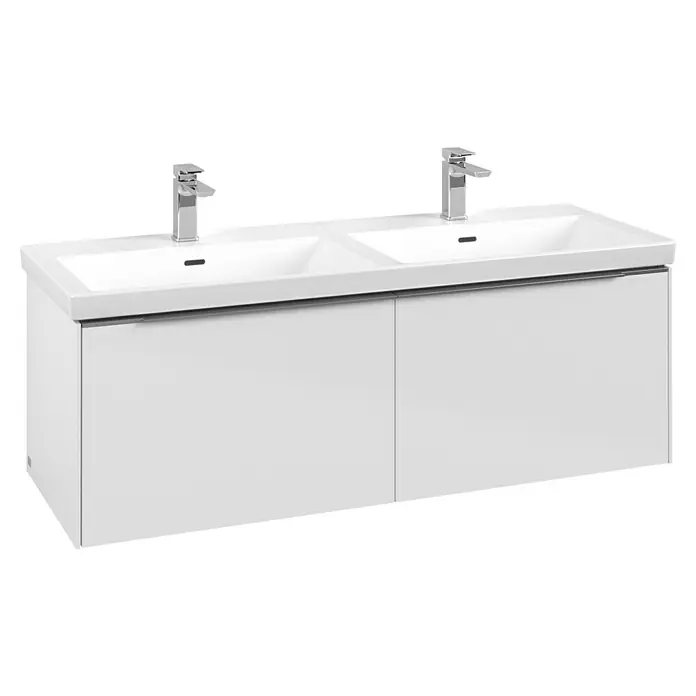 Villeroy & Boch Subway 3.0 Waschbeckenunterschrank - Brilliant White, Anzahl Schubladen: 2 Stk., Farbe Griff: Aluminium glänzend, B x T x H: 127,2 x 47,8 x 42,9 cm, Ohne Beleuchtung, Geeignet für Doppelwaschtisch - Weißer Doppelwaschtisch mit zwei integrierten Becken und Chromarmaturen, modernes Design.