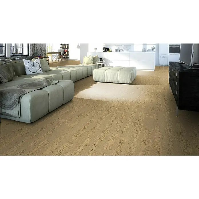 Granorte Korkboden Naturtrend - Wild Sand, 910 x 300 x 9,5 mm - Helle Korkböden mit natürlichen Mustern in einem modernen, offenen Wohn- und Küchenbereich.