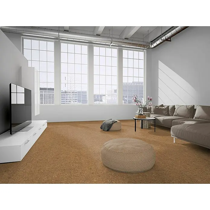Granorte Korkboden Naturtrend - Klassik, 910 x 300 x 9,5 mm - Naturkorkboden mit warmer, strukturierter Oberfläche in einem modernen Wohnzimmer.