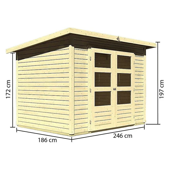Karibu Gartenhaus Stockach - Außenmaß inkl. Dachüberstand (B x T): 282 x 210 cm, Holz, Natur - Bild eines Holzschuppens mit Abmessungen zur Veranschaulichung der Größe, ideal für die Gartenaufbewahrung.
