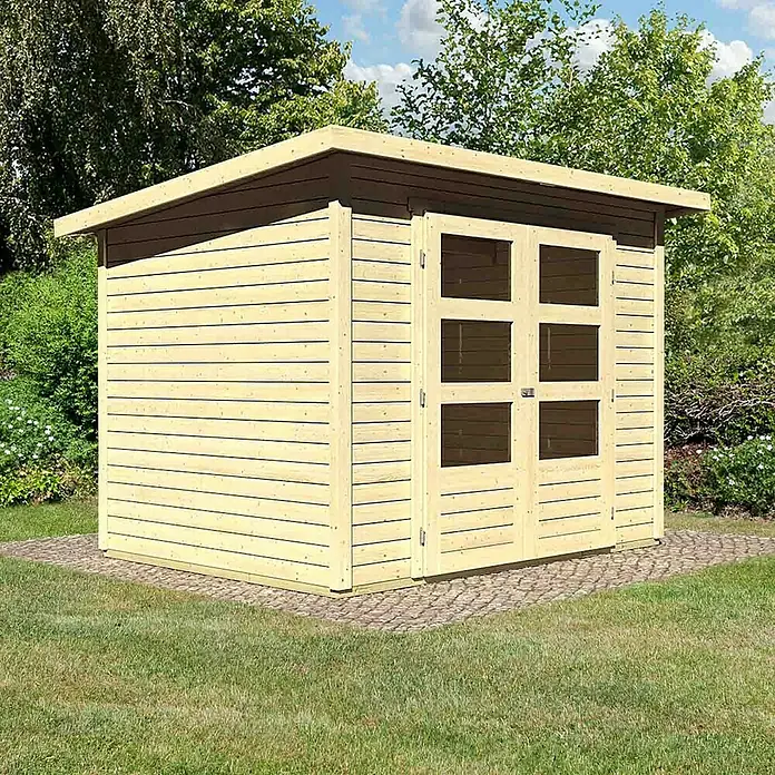 Karibu Gartenhaus Stockach - Außenmaß inkl. Dachüberstand (B x T): 282 x 210 cm, Holz, Natur - Ein helles, modernes Gartenhaus mit Doppeltür und Fensterteilungen, ideal für die Aufbewahrung von Gartengeräten und -möbeln im Außenbereich.