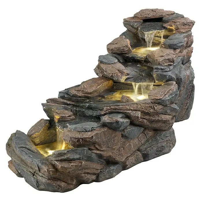 Fuente de jardín LED Chieti - 64 x 63 x 71,5 cm, Gris/Marrón - Fuente de interior decorativa con un diseño rocoso y agua que fluye suavemente, ideal para crear un ambiente relajante.