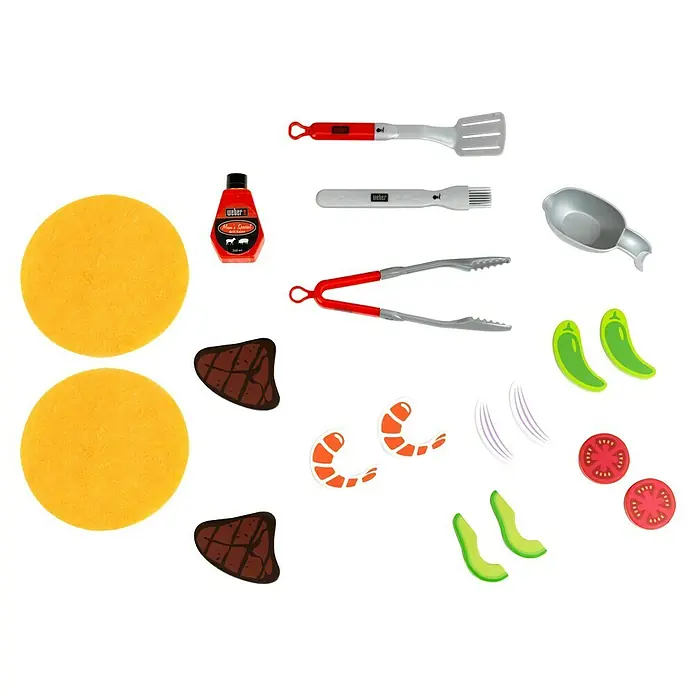 Klein Kinder-Grill Weber Genesis - L x B x H: 740 x 328 x 597 mm - Spielzeug-Grillset mit Grillwerkzeugen, Saucenflasche und Filz-Lebensmittelausschnitten wie Brötchen, Steaks, Garnelen und geschnittenem Gemüse.