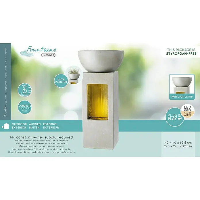 Fuente de jardín LED Racale - 40 x 40 x 84 cm, Gris - En la imagen hay una fuente de aspecto de hormigón. Tiene luces LED blancas cálidas y no requiere suministro constante de agua.