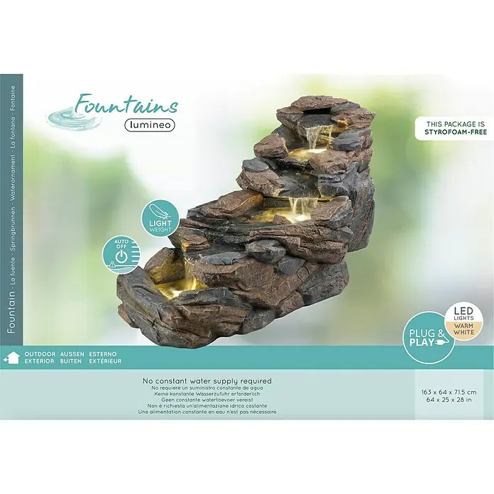 Fuente de jardín LED Chieti - 64 x 63 x 71,5 cm, Gris/Marrón - Imagen de una elegante fuente de interior de varios niveles con luces LED blanco cálido, creando un ambiente relajante.