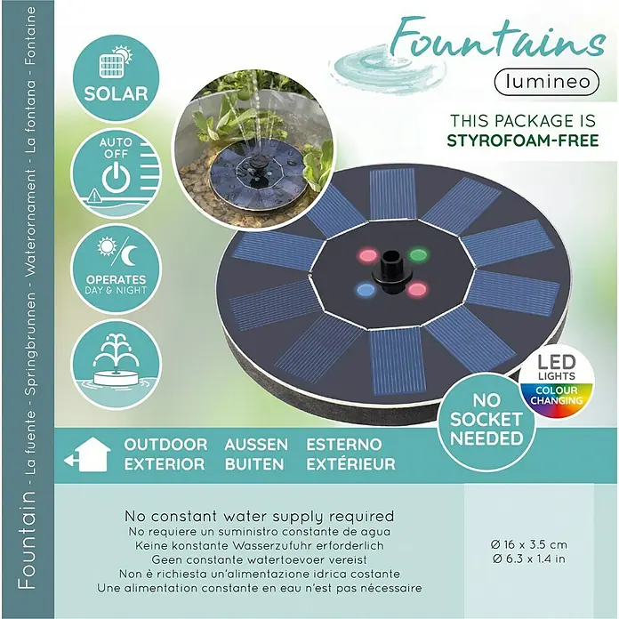 Fuente de jardín LED Lioni - Plástico, Negro - Imagen de un paquete de fuente de jardín exterior solar sin espuma de poliestireno con luces LED.