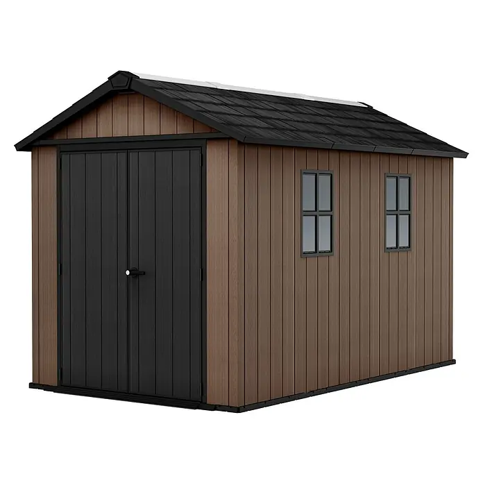 Keter Caseta de jardín Newton Plus 7511-1175 - Medidas ext. (An x Pr): 350 x 230 cm, Plástico, Marrón/Negro, 7,2 m² - Imagen de un cobertizo de jardín de plástico marrón con puertas negras y ventanas negras.
