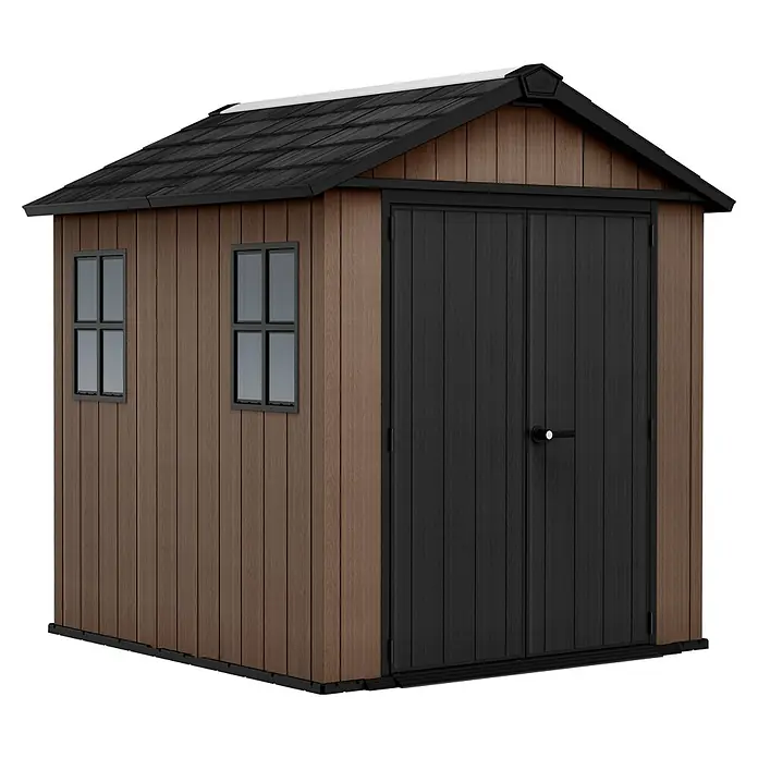 Keter Caseta de jardín Newton Plus 757-775 - Medidas ext. (An x Pr): 223 x 230 cm, Plástico, Marrón/Negro, 4,4 m² - El cobertizo de jardín marrón tiene un techo negro y puertas dobles. Cuenta con dos ventanas para la luz natural y la ventilación en el interior.
