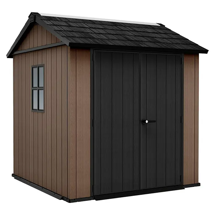 Keter Caseta de jardín Newton Plus 757-775 - Medidas ext. (An x Pr): 223 x 230 cm, Plástico, Marrón/Negro, 4,4 m² - Un cobertizo espacioso con revestimiento marrón de aspecto de madera, techo negro y puertas dobles ofrece un amplio espacio de almacenamiento.