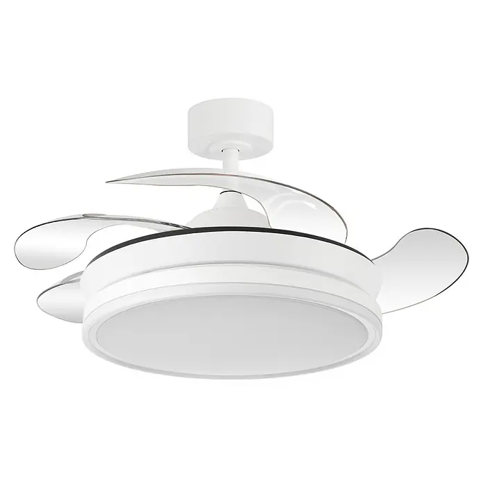 Ventilador de techo Majestic - Blanco, 91 cm, 30 W, Blanco cálido - Primer plano de un ventilador de techo blanco moderno con iluminación integrada.