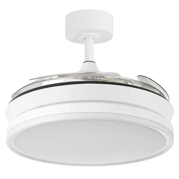 Ventilador de techo Majestic - Blanco, 91 cm, 30 W, Blanco cálido - Primer plano de un ventilador de techo blanco y moderno con un panel LED y aspas retráctiles, que combina elegancia y funcionalidad.
