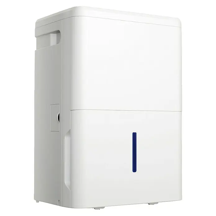 Haier Deshumidificador eléctrico AG16BB1TAA - 285 W, Potencia de deshumidificación: 16 l/día, L x An x Al: 25,1 x 33,6 x 49,3 cm, Blanco - Primer plano de un deshumidificador blanco con indicador de nivel de agua azul, diseñado para un ambiente interior seco.