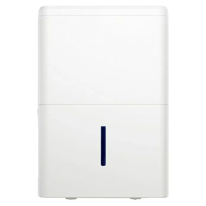 Haier Deshumidificador eléctrico AG16BB1TAA - 285 W, Potencia de deshumidificación: 16 l/día, L x An x Al: 25,1 x 33,6 x 49,3 cm, Blanco - Primer plano de un deshumidificador blanco. El aparato tiene un asa azul en la parte frontal y un diseño sencillo y funcional.