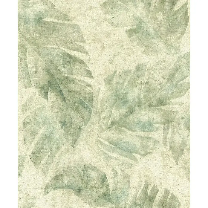 Rasch Selection Vliestapete Vinyl Blätter - Blattgrün, Floral, 10,05 x 0,53 m - Abstraktes Blattmuster-Tapetendesign in gedämpften Grün- und Beigetönen, ideal für eine ruhige und natürliche Raumatmosphäre.