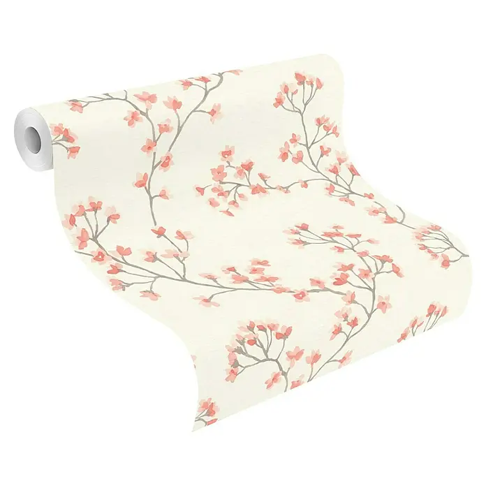 Rasch Selection Vliestapete Vinyl - Bordeaux/Weiß, Floral, 10,05 x 0,53 m - Eine Rolle cremefarbener Tapete mit zartem Muster aus rosa Kirschblütenzweigen.