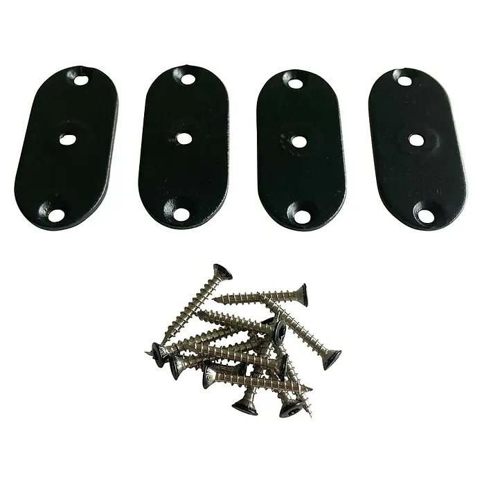 Plus Beschläge-Set zur Zaunbefestigung - Stahl - Das Bild zeigt vier schwarze, ovale Montageplatten und eine Ansammlung von silbernen Schrauben, die auf einem dunklen Hintergrund liegen.