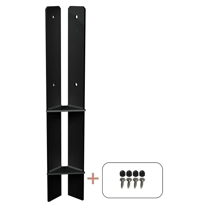 Plus H-Pfostenanker Über-Eck für Pfosten 9 cm - L x B x H: 6 x 6 x 60 cm, Pulverbeschichtet, Schwarz (RAL 9005) - Hier ist eine Ansicht von Eckverbindern aus schwarzem Metall sowie Schrauben zur Befestigung und Montage der Eckverbinder.