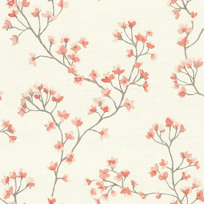 Rasch Selection Vliestapete Vinyl - Bordeaux/Weiß, Floral, 10,05 x 0,53 m - Elegante Tapete mit einem zarten Kirschblütenmuster in sanften Rosatönen und grauen Zweigen auf beigem Grund für eine ruhige Raumatmosphäre.