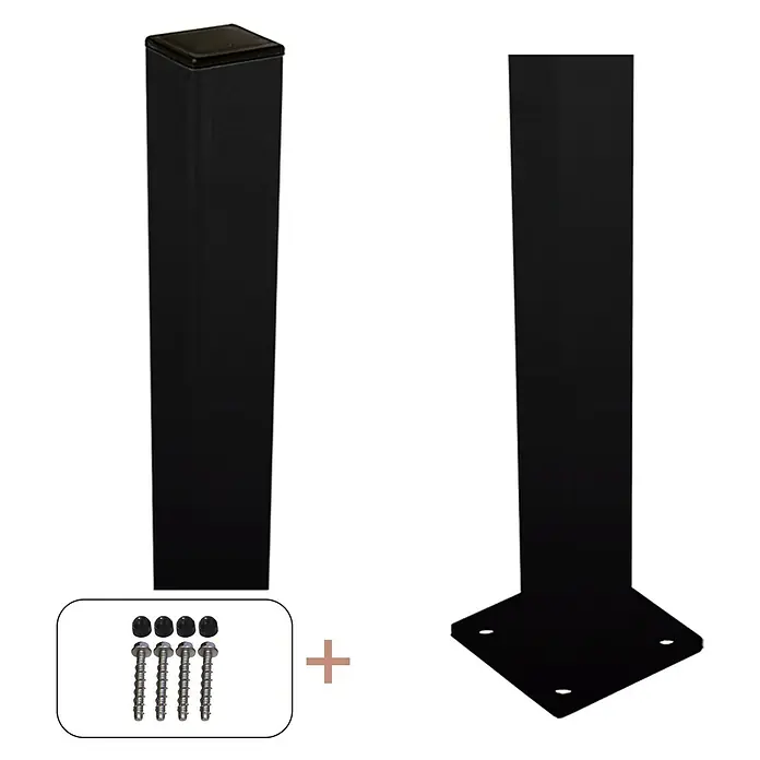 Plus Basic Zaunpfosten mit Fuß und Schrauben - Höhe: 96 cm, 4,5 x 4,5 cm, Schwarz, Stahl - Abbildung eines schwarzen Metalltischbeins mit Schrauben und einer Montageplatte für die Befestigung.