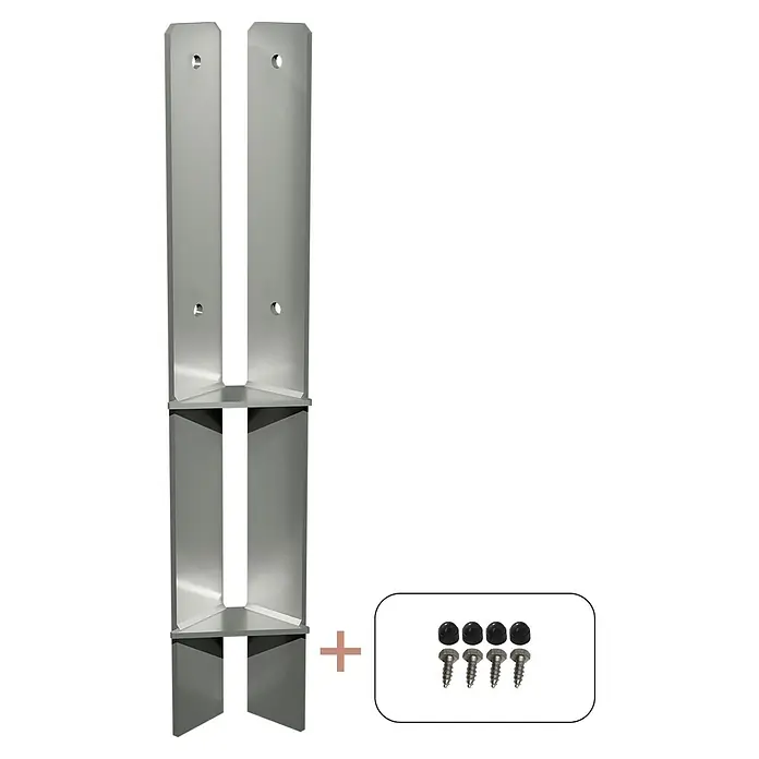 Plus H-Pfostenanker Über-Eck für Pfosten 9 cm - L x B x H: 6 x 6 x 60 cm, Silber - Ein Satz von Eckpfosten aus Metall mit zwei Regalebenen und einem Satz Schrauben und Abdeckungen.