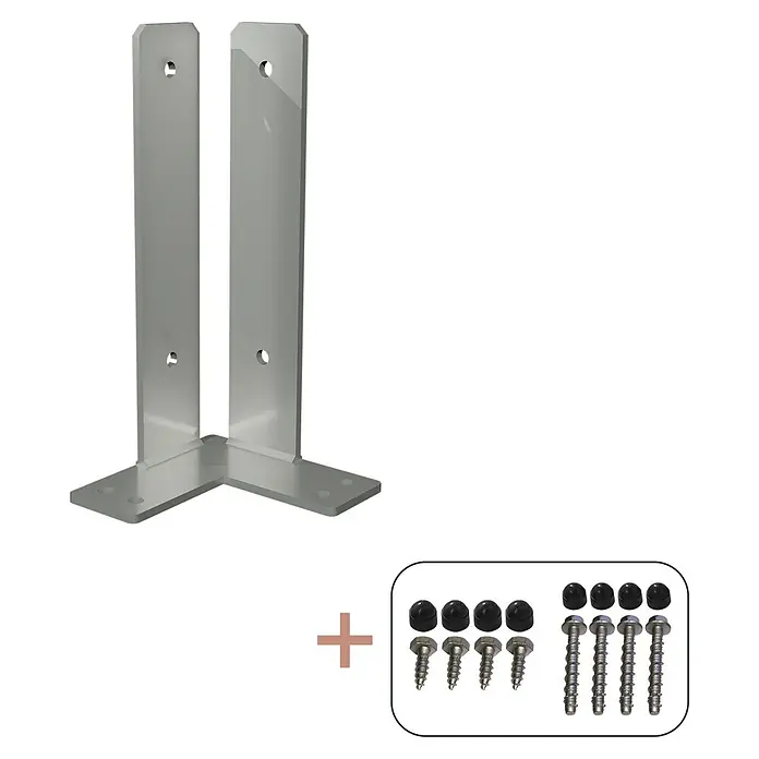 Plus Pfostenträger Über-Eck für Pfosten 9 cm - L x B x H: 15 x 15 x 30 cm, Silber - Produktansicht des silberfarbenen Geländerpfostensets, das Halterungen, Schrauben und Kappen für die Geländermontage enthält.