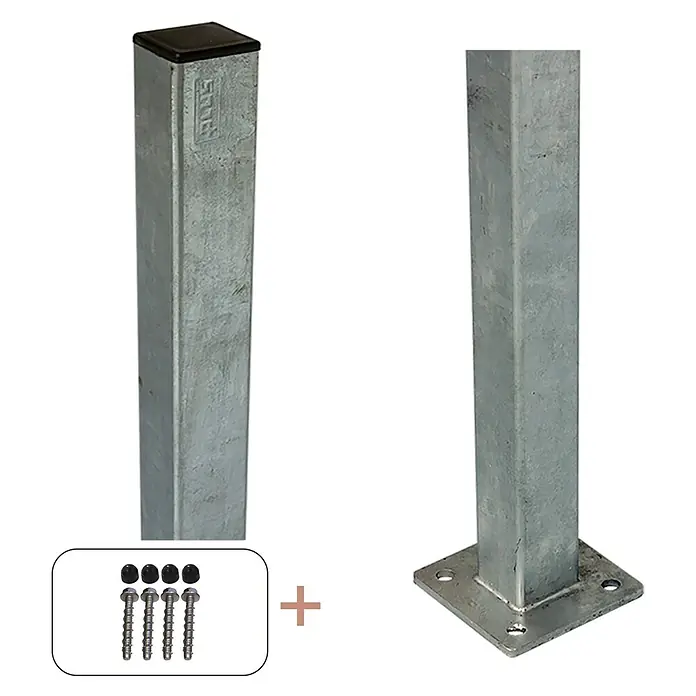 Plus Zaunpfosten mit Fuß und Schrauben-Set - Höhe: 132 cm, 4,5 x 4,5 cm, Silber, Stahl - Bild zeigt verzinkte Pfosten, Schrauben und eine Bodenplatte für Zaunbau. Alles, was für einen stabilen Zaun benötigt wird.