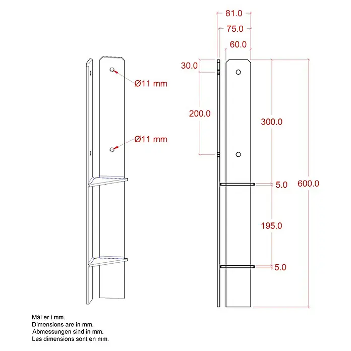 Plus H-Pfostenanker Über-Eck für Pfosten 9 cm - L x B x H: 6 x 6 x 60 cm, Pulverbeschichtet, Schwarz (RAL 9005) - Technische Zeichnung einer 600mm hohen Halterung mit zwei Ø11mm Bohrungen und detaillierten Maßen.