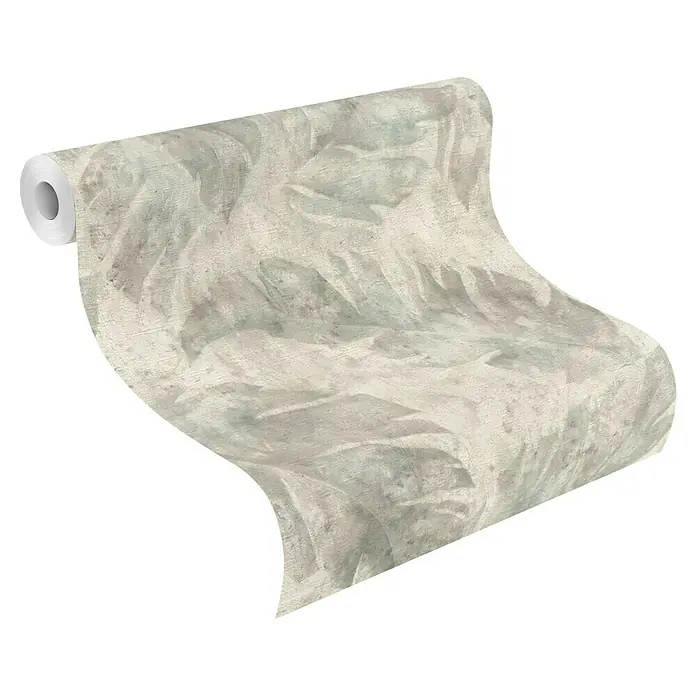 Rasch Selection Vliestapete Vinyl - Betongrau, Floral, L x B: 10,05 x 0,53 m - Eine Rolle beiger Tapete mit abstraktem, blattartigem Muster. Die Tapete ist aufgerollt und zeigt ihr Design. Perfekt für moderne Interieurs.