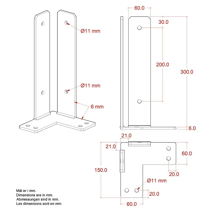 Plus Pfostenträger Über-Eck für Pfosten 9 cm - L x B x H: 15 x 15 x 30 cm, Pulverbeschichtet, Schwarz (RAL 9005) - Eine technische Zeichnung einer Winkelverbindung aus Metall mit Bemaßungen und Bohrungen für Befestigungselemente.