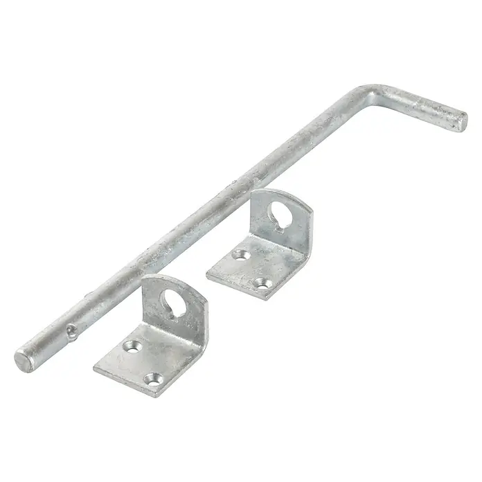 Plus Schlossriegel für Doppeltore - Stahl - Ein verzinkter Bolzenriegel mit zwei zugehörigen Winkelhalterungen, ideal für Tore und Zäune, bietet Sicherheit und einfache Montage.
