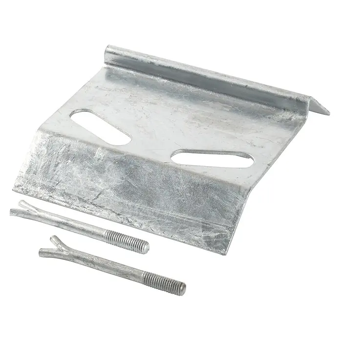 Plus Zaun-Anschlagsplatte Platte Auflaufstütze für Doppeltore - Stahl, Silber - Nahaufnahme einer verzinkten Metallschiene mit zwei Bolzen mit aufgespleißtem Schaft, ideal für Bau- und Befestigungsanwendungen.