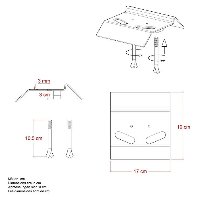 Plus Zaun-Anschlagsplatte Platte Auflaufstütze für Doppeltore - Stahl, Silber - Eine schematische Darstellung eines Montagebeschlags mit Maßen, inklusive Schrauben und einer Draufsicht.