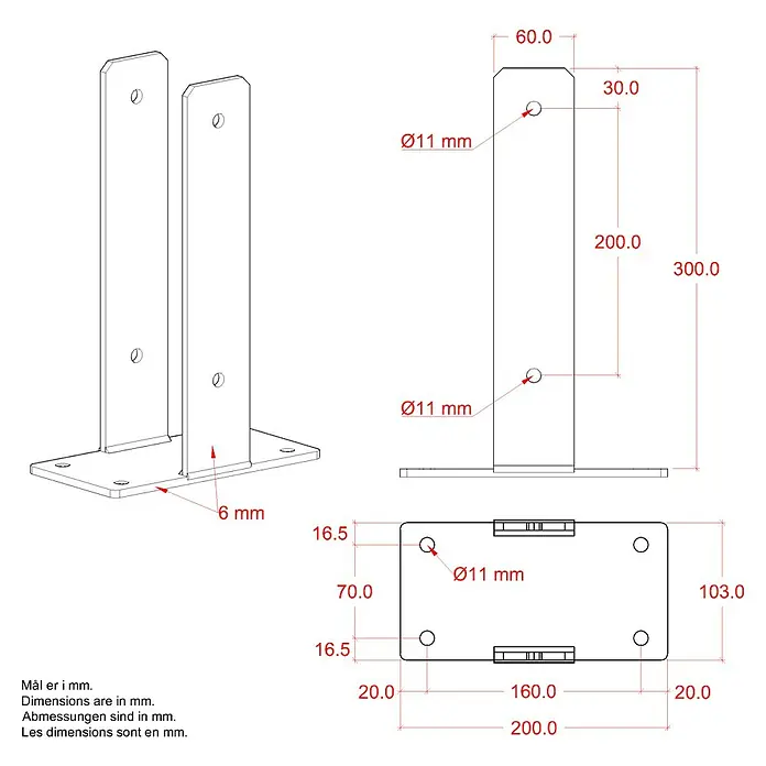 Plus U-Pfostenträger für Pfosten 9 cm - L x B x H: 20 x 10,3 x 30 cm, Silber - Abbildung eines Montagewinkels mit Abmessungen. Der Winkel besteht aus zwei vertikalen Platten, die an einer Basis befestigt sind.