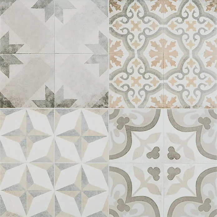 Pavimento porcelánico hidráulico Sea - 45 x 45 cm, Gris, Mate - Azulejos decorativos: Esta imagen muestra un cuadrado de cuatro azulejos decorativos con diversos patrones en tonos neutros.