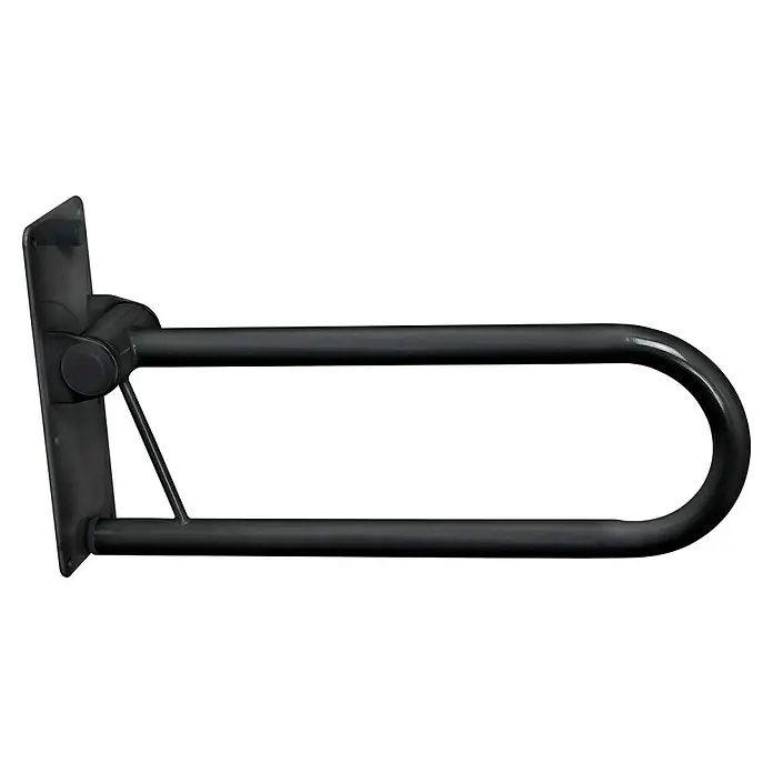 careosan Dispositivo de ayuda para incorporarse - Acero inoxidable, Carga soportada: 150 kg, Cromo - La imagen muestra una barra de apoyo abatible con pata de soporte, montada en la pared. Es negra y tiene un diseño robusto para seguridad adicional.