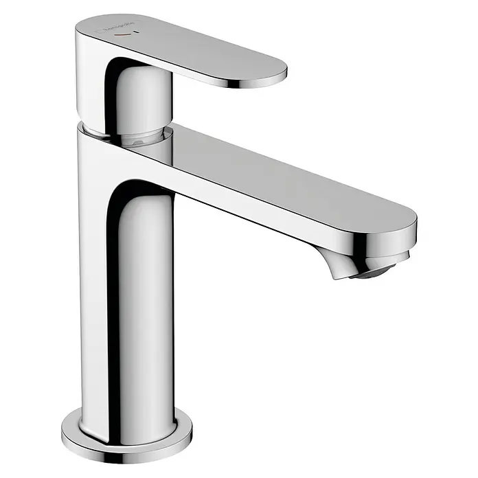 Hansgrohe Rebris S Waschtischarmatur 110 CoolStart - Chrom, Durchflussmenge: 5 l/min, Ausladung Armatur: 15,9 cm - Eine Nahaufnahme eines modernen Hansgrohe Waschtischmischers mit schlankem Design und glänzender Chromoberfläche.