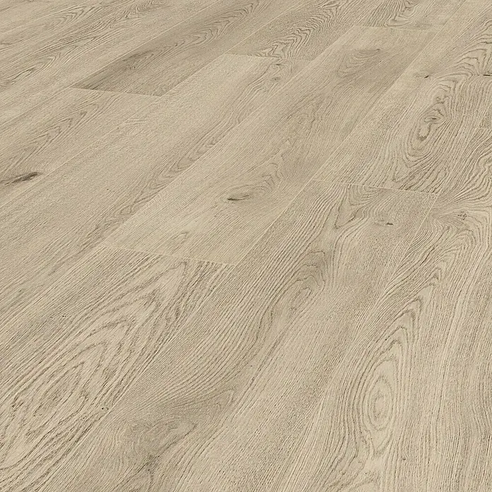 LOGOCLIC Vinto Laminat Classic - Eiche Flinton, Landhausdiele, 1.288 x 195 x 8 mm - Nahaufnahme von hellem Holzboden, der eine warme und natürliche Atmosphäre mit seiner Maserung und Textur vermittelt.