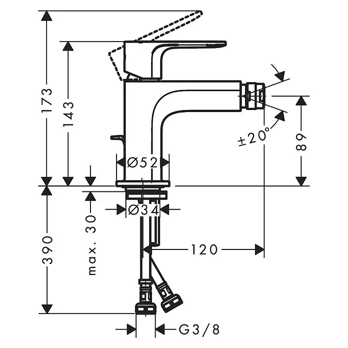 Hansgrohe Rebris E Bidetarmatur - Chrom, Ausladung Armatur: 14,6 cm, Metall-Zugstange - Detailzeichnung der Armatur mit Maßangaben zu Höhe (173 mm), Ausladung (120 mm) und Durchmesser (Ø52, Ø34 mm).