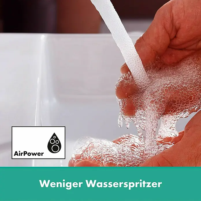 Hansgrohe Rebris S Waschtischarmatur - Chrom, Ausladung Armatur: 19,5 cm - Bild von einem Wasserhahn mit AirPower-Technologie, der weniger Wasserspritzer verursacht, ideal für ein sauberes Badezimmer.