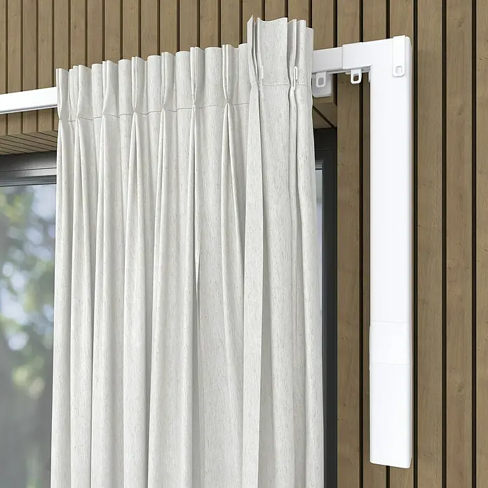 Vorhangschiene MotionBlinds Zentralöffnung Elektrisch - Anzahl Läufe: 1 Stk., 400 cm, Weiß - Bild einer Vorhangstange mit einem eleganten weißen Vorhang. Perfekt für stilvolle Fensterdekorationen und modernes Wohnambiente.