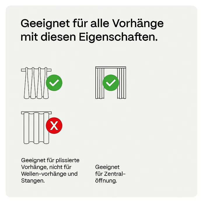 Vorhangschiene MotionBlinds Zentralöffnung Elektrisch - Anzahl Läufe: 1 Stk., 400 cm, Weiß - Die Abbildung zeigt, welche Vorhänge für das Produkt geeignet sind und welche nicht, wie z.B. plissierte Vorhänge.