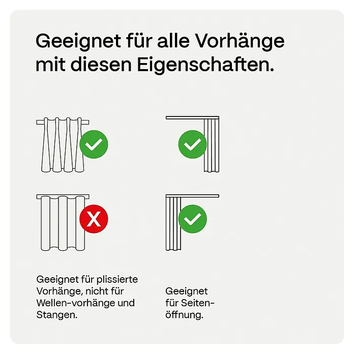 Vorhangschiene MotionBlinds Seitenöffnung Elektrisch - Anzahl Läufe: 1 Stk., 260 cm, Weiß - Geeignet für Vorhänge mit bestimmten Eigenschaften. Illustrationen zeigen, welche Vorhänge geeignet sind und welche nicht.