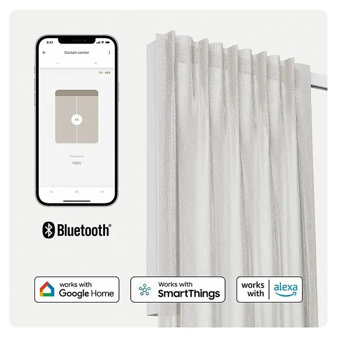 Vorhangschiene MotionBlinds Zentralöffnung Elektrisch - Anzahl Läufe: 1 Stk., 400 cm, Weiß - Intelligente Vorhänge mit Smartphone-Steuerung. Integration mit Google Home, SmartThings und Alexa für bequeme Bedienung.