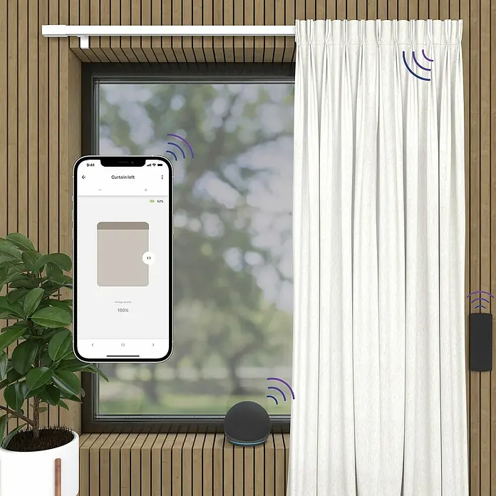 Vorhangschiene MotionBlinds Seitenöffnung Elektrisch - Anzahl Läufe: 1 Stk., 260 cm, Weiß - Intelligente Vorhänge, gesteuert per App, Sprachassistent und Fernbedienung, für modernes Wohnen mit Komfort und automatisierter Lichtsteuerung.